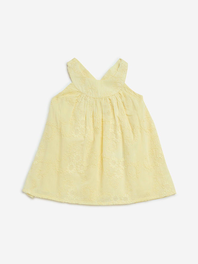HOP Baby Yellow Floral Embroidered Cotton A-Line Dress