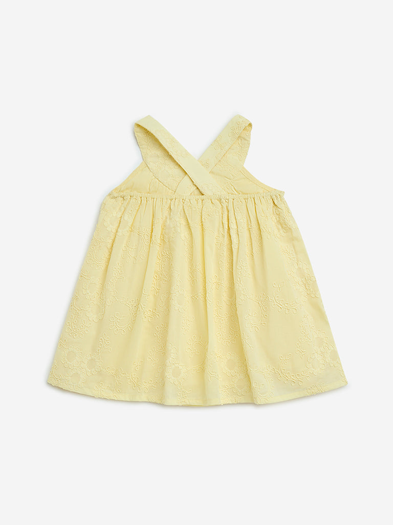 HOP Baby Yellow Floral Embroidered Cotton A-Line Dress - Image 2