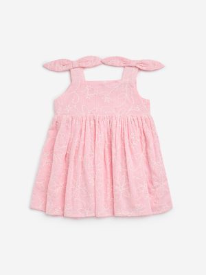 HOP Baby Pink Floral Embroidered Fit-and-Flare Cotton Dress