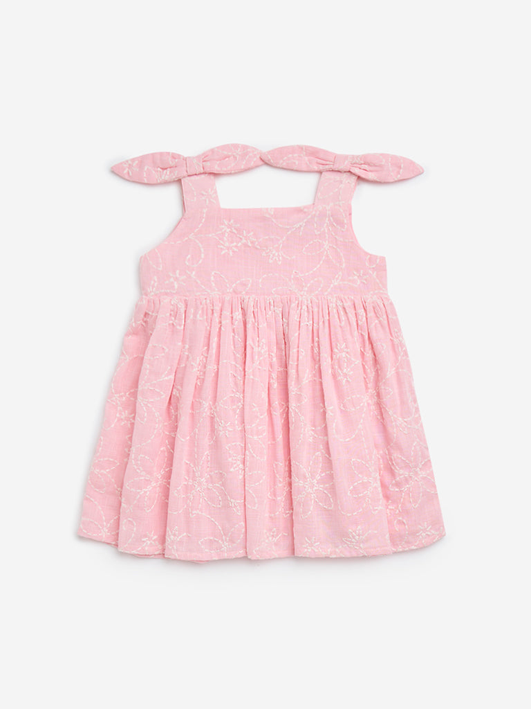 HOP Baby Pink Floral Embroidered Fit-and-Flare Cotton Dress