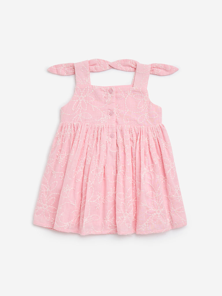 HOP Baby Pink Floral Embroidered Fit-and-Flare Cotton Dress - Image 2