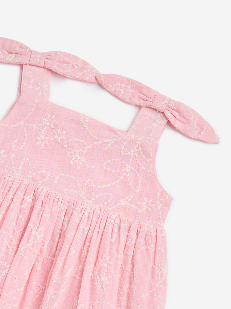 HOP Baby Pink Floral Embroidered Fit-and-Flare Cotton Dress - Image 3