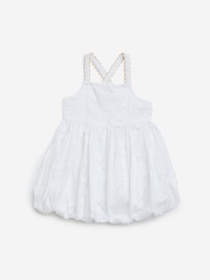 HOP Baby White Floral Embroidered Cotton Balloon Dress