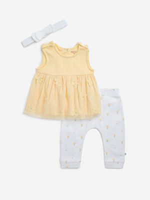 HOP Baby Yellow Floral Cotton Dress. Pants and Headband Set