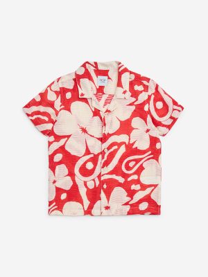 HOP Kids Red Floral Printed Textured Shirt