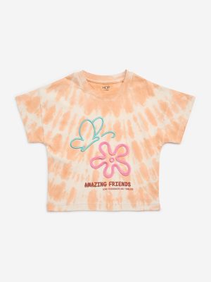 HOP Kids Peach Tie-Dye Printed Cotton T-Shirt