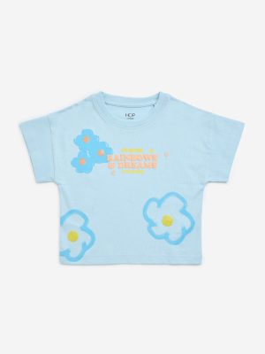 HOP Kids Blue Floral Printed Cotton T-Shirt