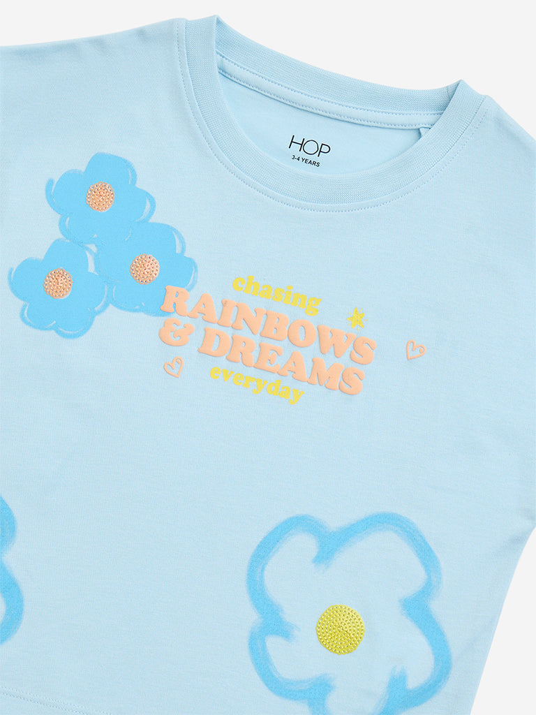 HOP Kids Blue Floral Printed Cotton T-Shirt - Image 4