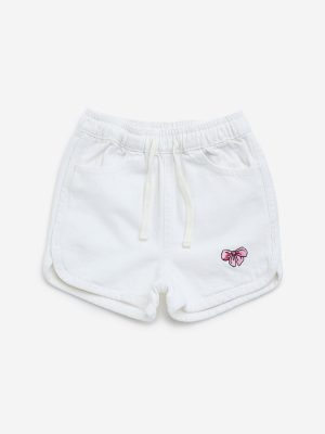 HOP Kids White Embroidered Mid-Rise Denim Shorts