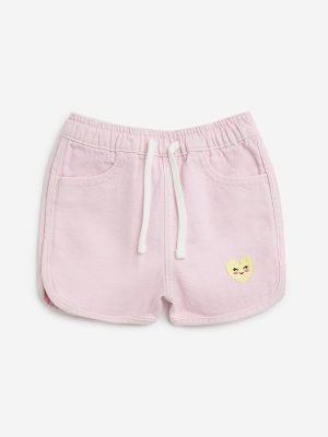 HOP Kids Pink Heart-Detailed Denim Mid-Rise Shorts