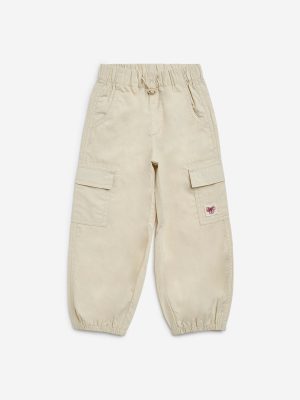 HOP Kids Beige Cargo-Style High-Rise Cotton Joggers