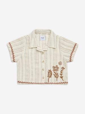 HOP Kids Beige Floral Embroidered Cotton-Blend Shirt