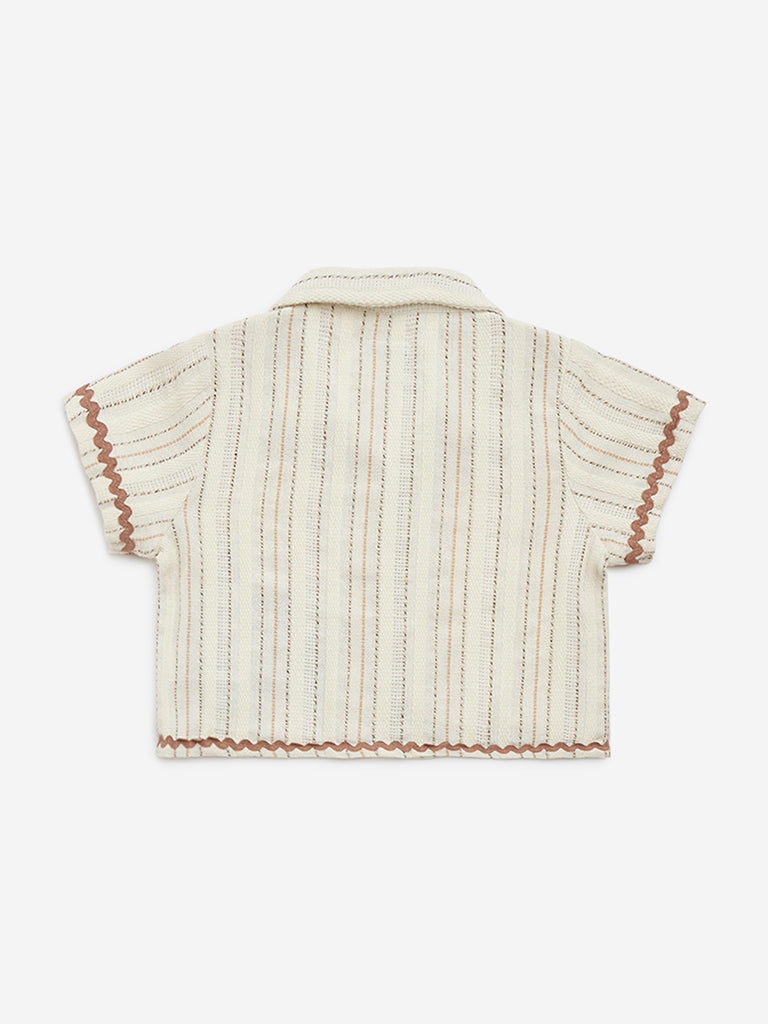 HOP Kids Beige Floral Embroidered Cotton-Blend Shirt - Image 2