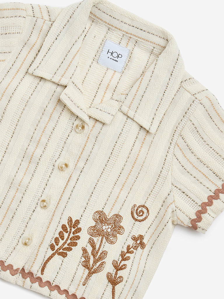 HOP Kids Beige Floral Embroidered Cotton-Blend Shirt - Image 3