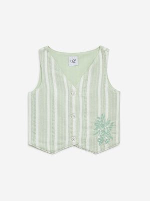 HOP Kids Sage Stripe Printed Cotton-Blend Waistcoat