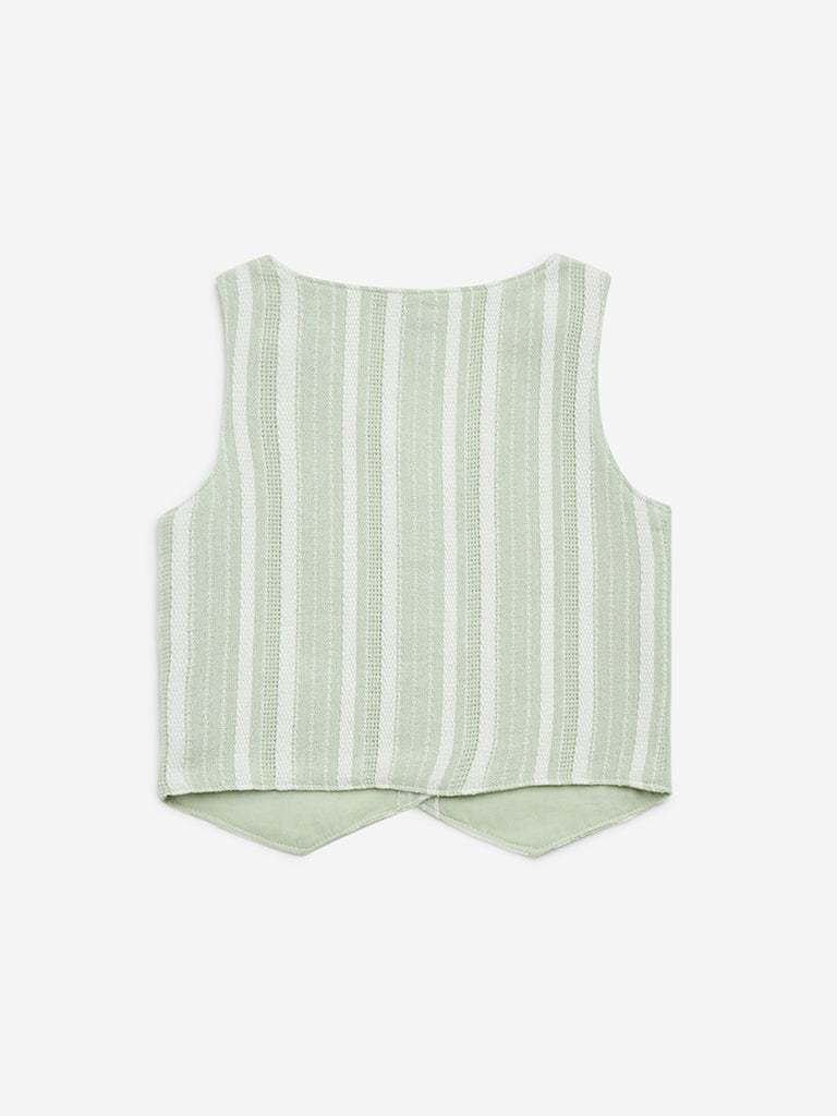 HOP Kids Sage Stripe Printed Cotton-Blend Waistcoat - Image 2