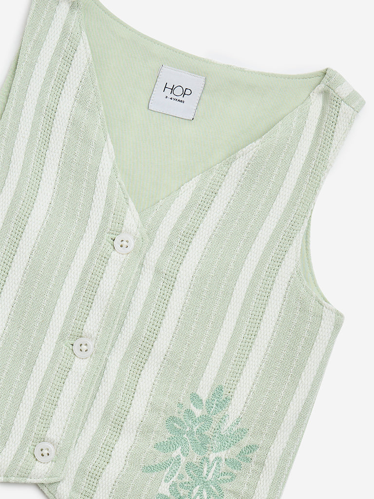 HOP Kids Sage Stripe Printed Cotton-Blend Waistcoat - Image 3