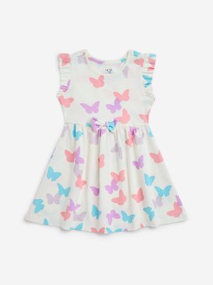 HOP Kids Off-White Butterfly Design Cotton A-Line Dress