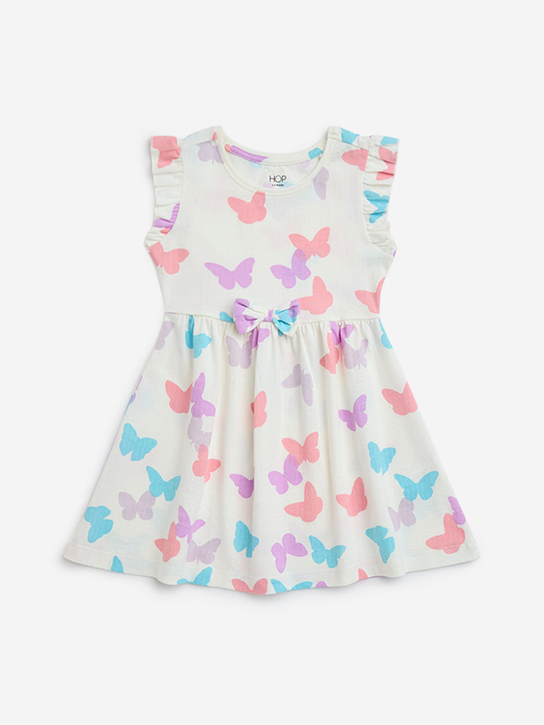 HOP Kids Off-White Butterfly Design Cotton A-Line Dress