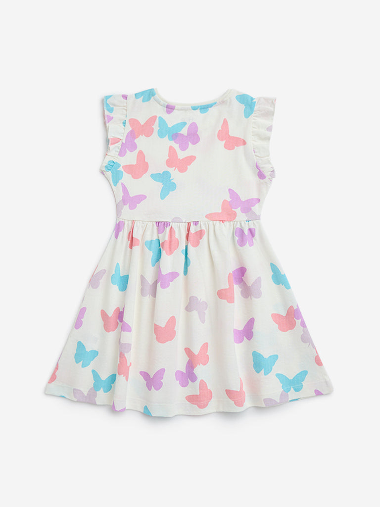 HOP Kids Off-White Butterfly Design Cotton A-Line Dress - Image 3