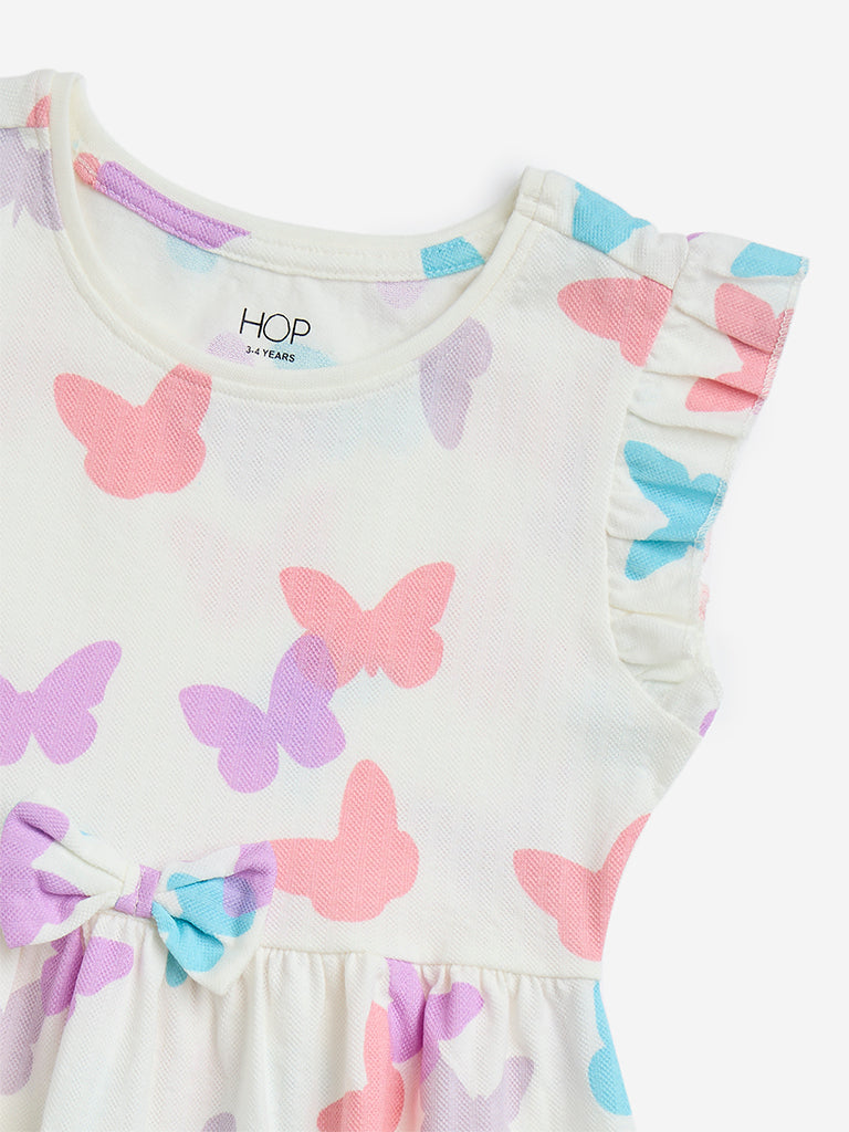 HOP Kids Off-White Butterfly Design Cotton A-Line Dress - Image 4