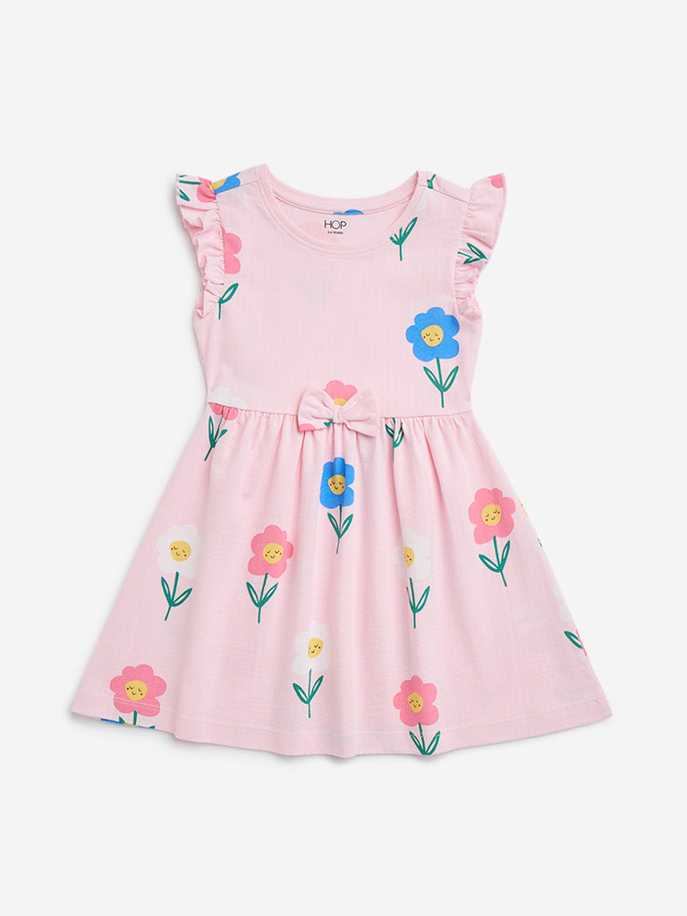 HOP Kids Pink Floral Printed Cotton A-Line Dress