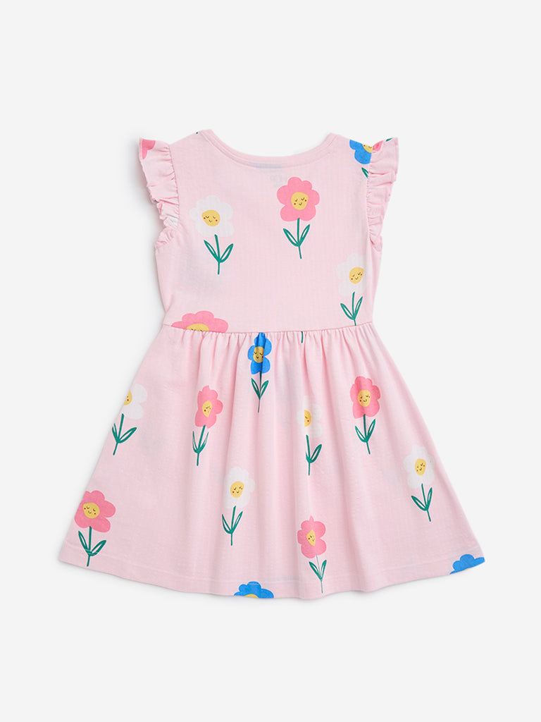 HOP Kids Pink Floral Printed Cotton A-Line Dress - Image 3