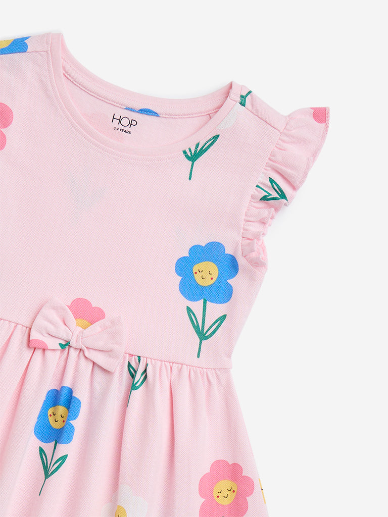 HOP Kids Pink Floral Printed Cotton A-Line Dress - Image 4