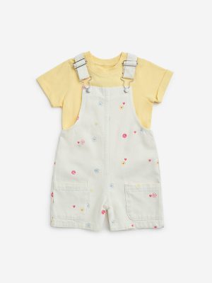 HOP Kids Off-White Floral Cotton Dungaree with T-Shirt Set