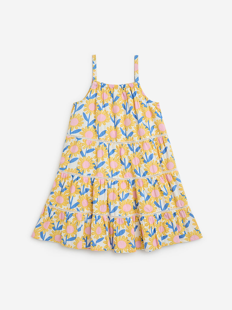 HOP Kids Yellow Floral Pattern Cotton Tiered Dress