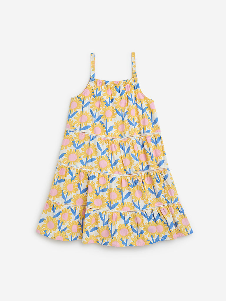 HOP Kids Yellow Floral Pattern Cotton Tiered Dress - Image 2