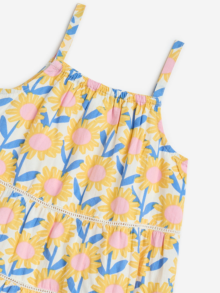 HOP Kids Yellow Floral Pattern Cotton Tiered Dress - Image 3