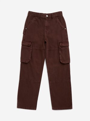 Y&F Kids Brown Cargo-Style Mid-Rise Relaxed-Fit Jeans