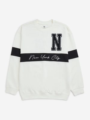Y&F Kids White Text Printed Cotton-Blend Sweatshirt
