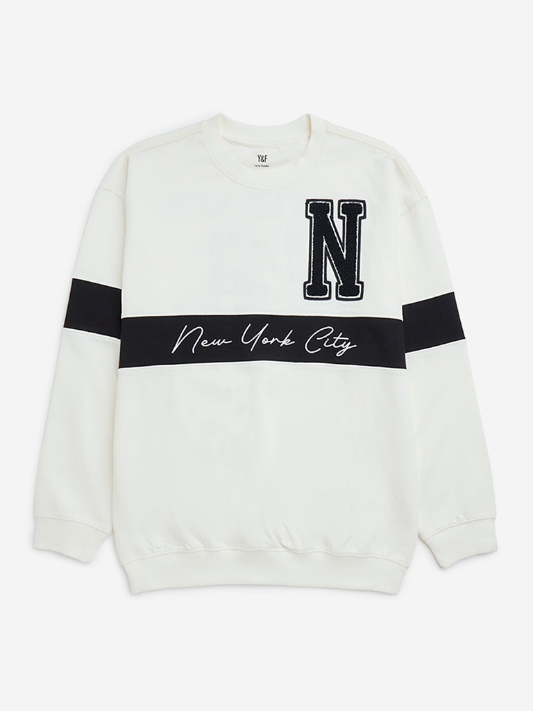 Y&F Kids White Text Printed Cotton-Blend Sweatshirt