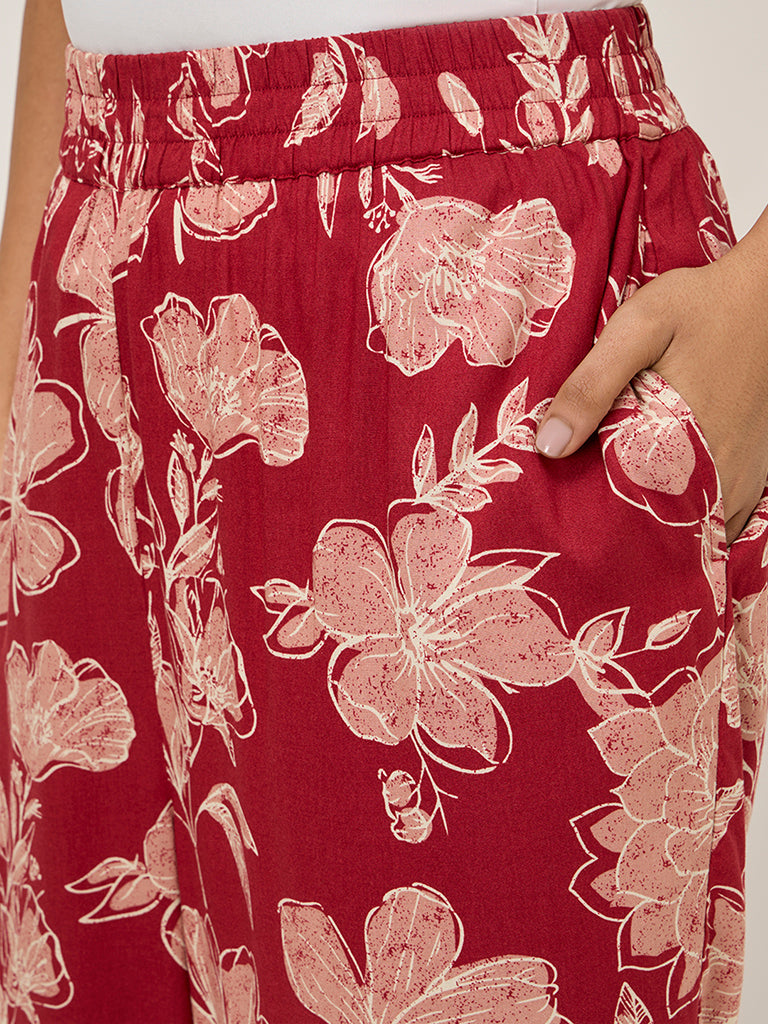 Diza Red Floral Printed Ethnic Pants - Image 4