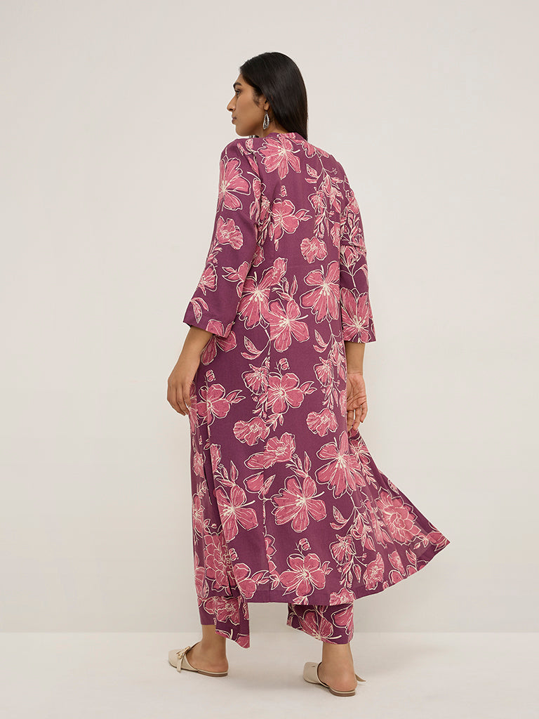 Diza Magenta Floral Design A-Line Kurta - Image 4