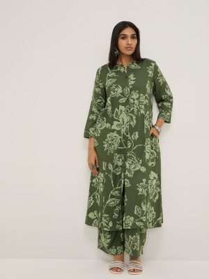 Diza Olive Floral Pattern A-Line Kurta