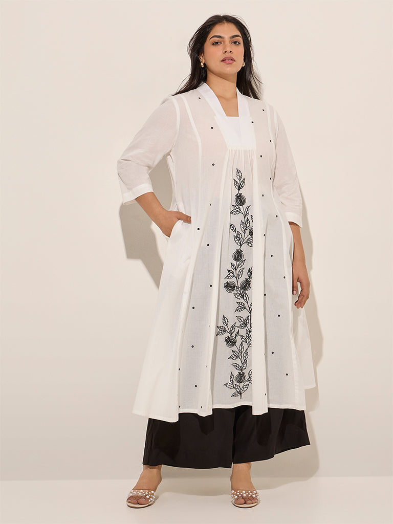Diza White Floral Embroidered A-Line Cotton Kurta