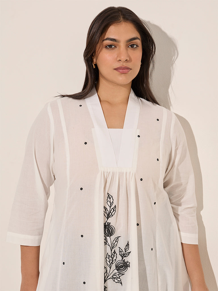 Diza White Floral Embroidered A-Line Cotton Kurta - Image 2