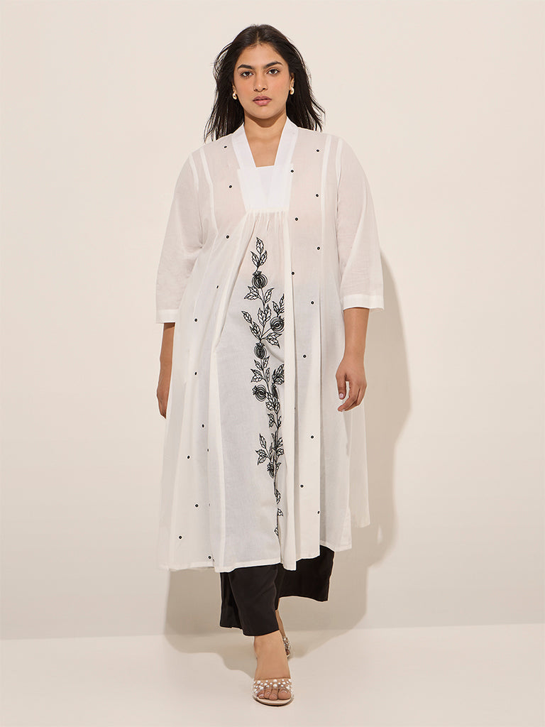 Diza White Floral Embroidered A-Line Cotton Kurta - Image 3