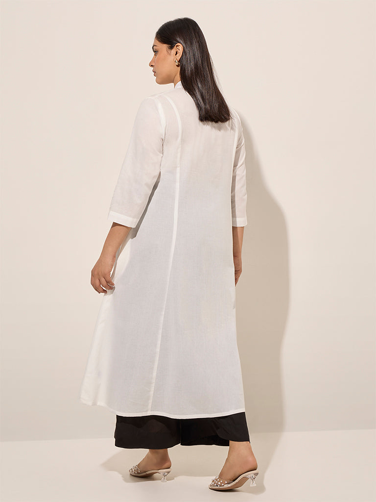 Diza White Floral Embroidered A-Line Cotton Kurta - Image 4