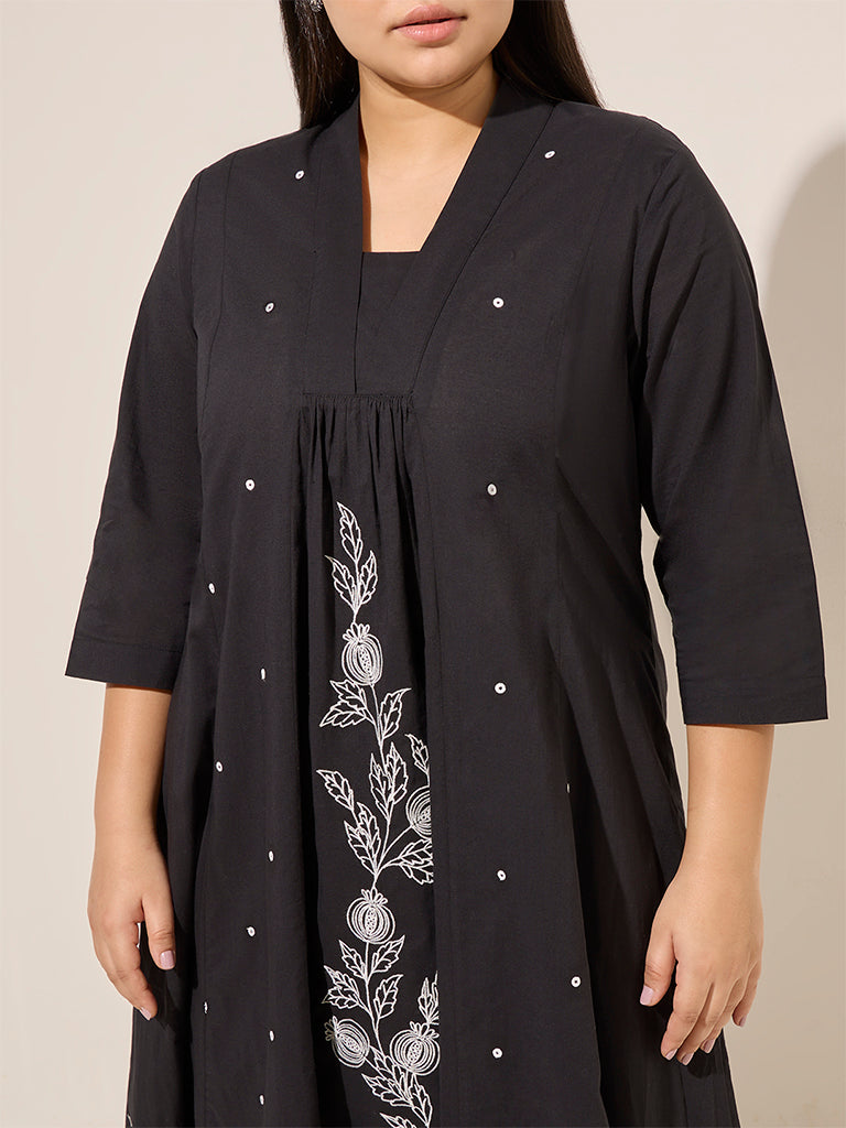 Diza Black Floral Embroidered Cotton A-Line Kurta - Image 2