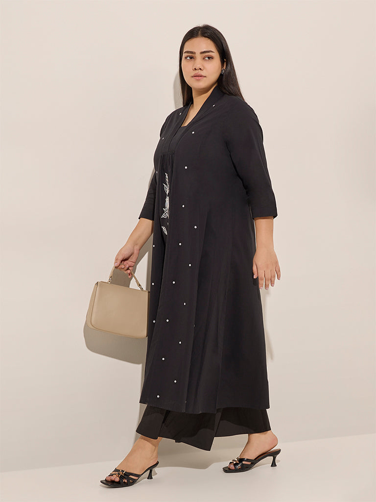 Diza Black Floral Embroidered Cotton A-Line Kurta - Image 3