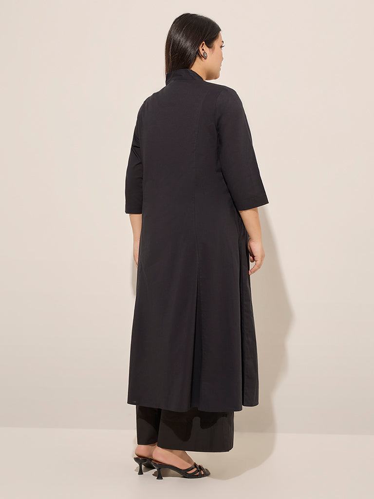 Diza Black Floral Embroidered Cotton A-Line Kurta - Image 4