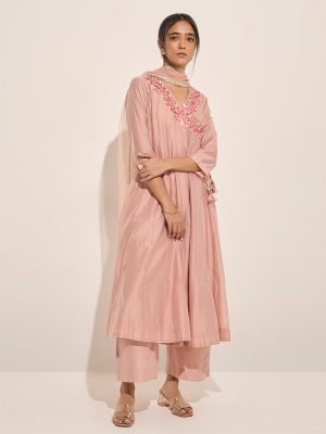 Vark Peach Floral Embroidered Anarkali Kurta. Inner. Palazzos and Dupatta Set