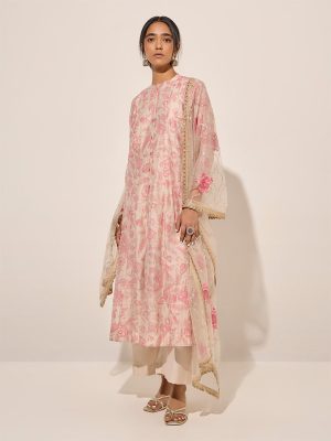 Vark Pink Printed A-Line Kurta. Palazzos and Dupatta Set
