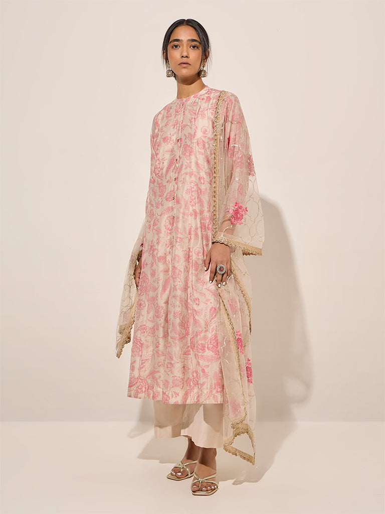 Vark Pink Printed A-Line Kurta. Palazzos and Dupatta Set