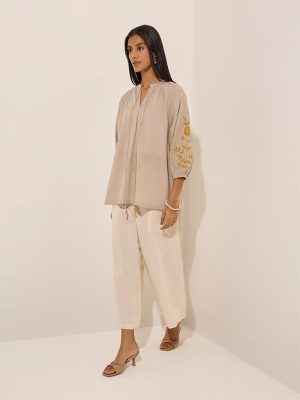 Utsa Beige Floral Embroidered Knot-Detailed Cotton Tunic