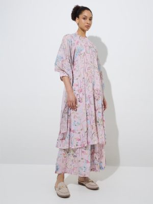 Zuba Pink Botanical Design A-Line Kurta